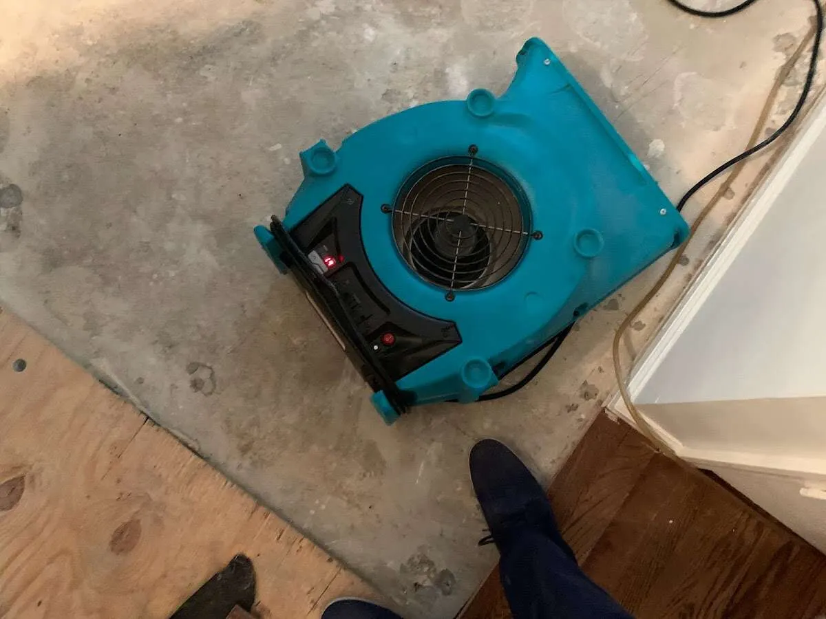 Air mover drying subfloor during Leak Detection & Repair in Raytown
